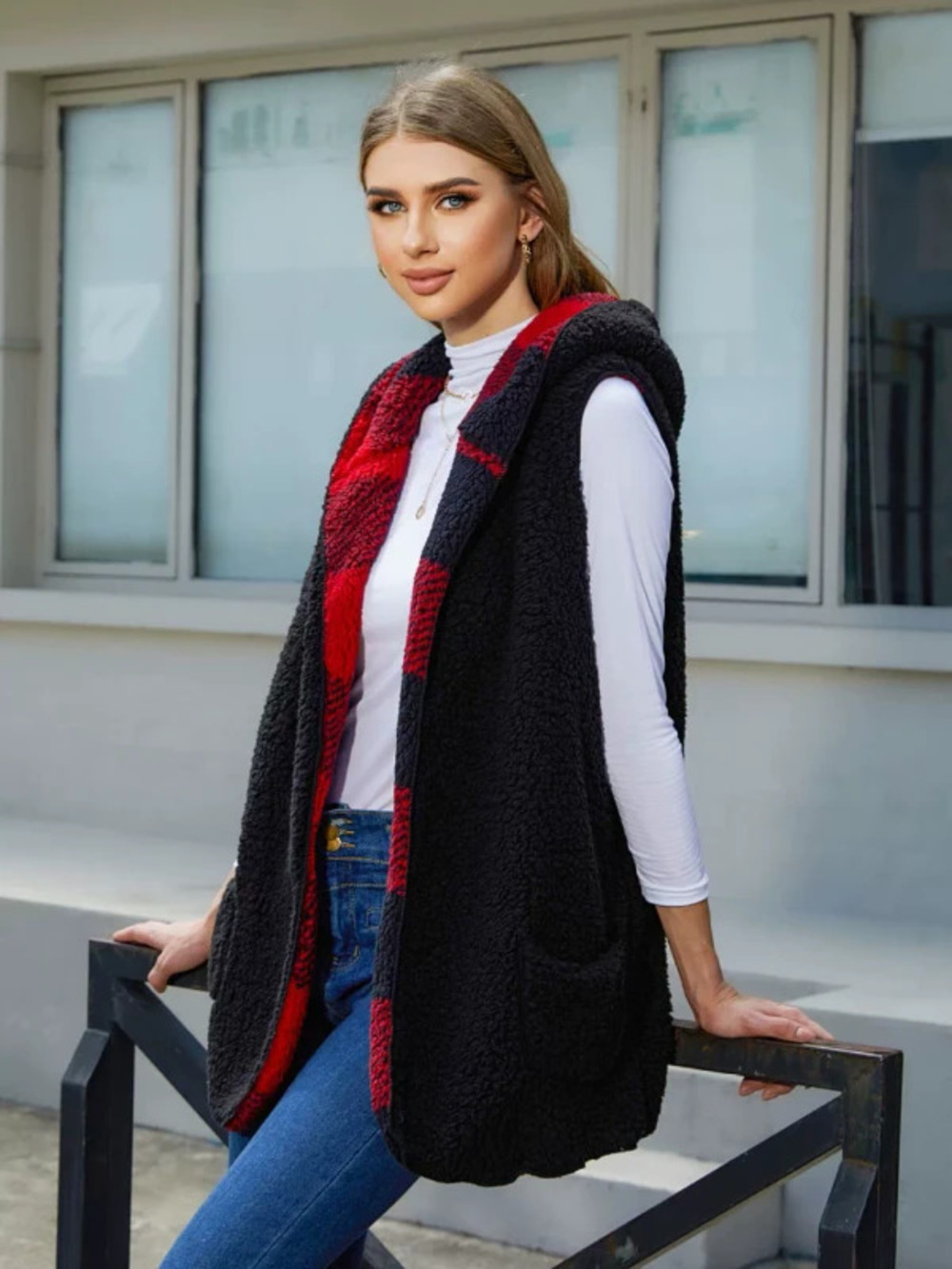 ZARA Hooded Open Front Plaid Fleece Vest Oversized Fall for Women